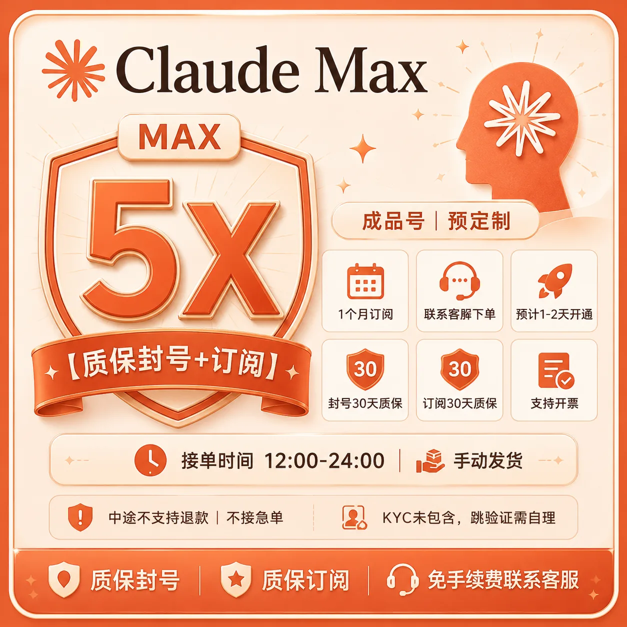 Claude 5X【质保订阅】成品号/卡充代充——封号官方退款可按比例退款(需预定,急单不接!!) 商品图片
