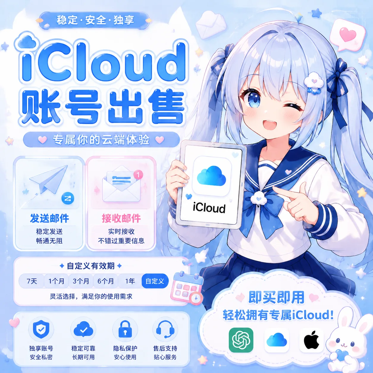 【长期稳定】 iCloud 邮箱子号|可回信可收信| (质保15天) 非分裂邮箱 支持URL/网站 商品图片