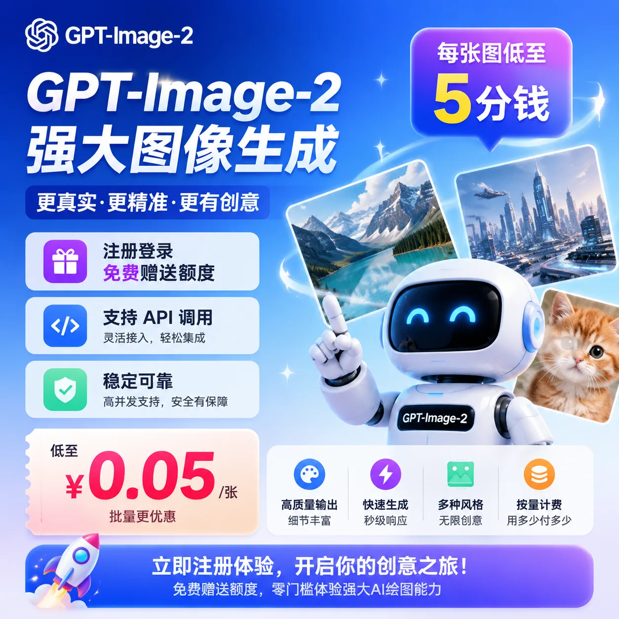 Ai生图尝鲜100张1K低至5分钱/张-500积分 商品图片