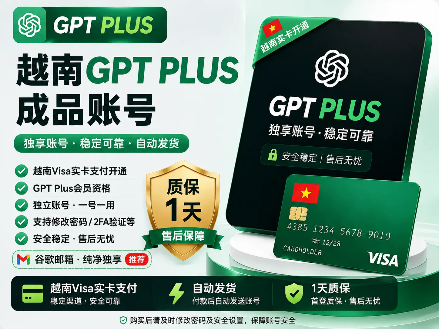 GPT Plus独享月卡|越南Visa实卡开通|谷歌邮箱 一卡一绑月抛号 商品图片
