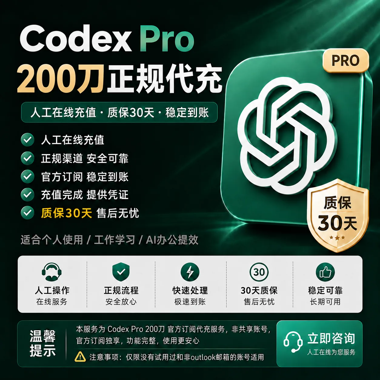 【官方代充】Codex Pro 20x 200刀 月卡（源头代充） 商品图片