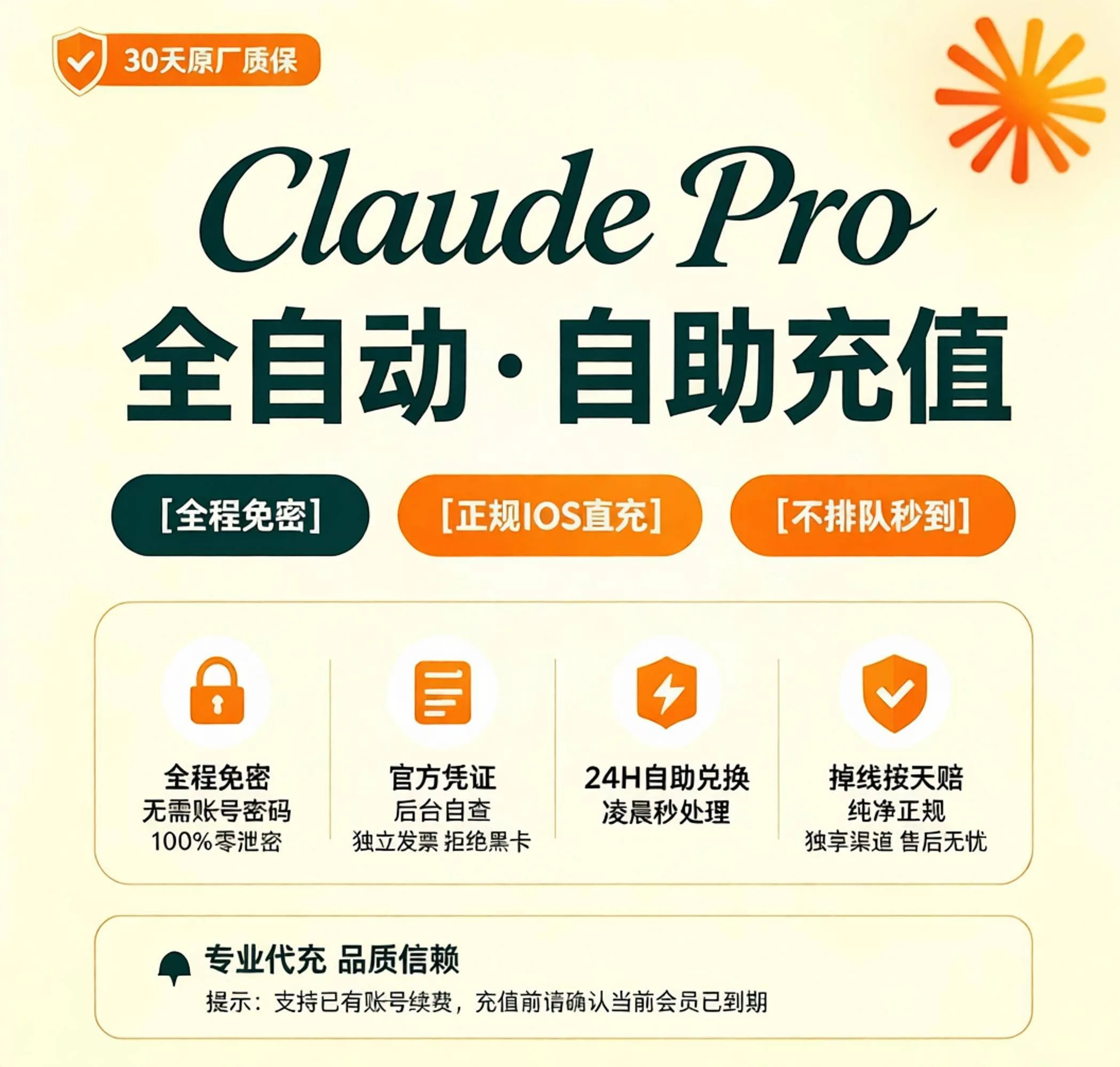 【全自动秒到】Claude Pro会员官方直充 【正规IOS保障】 24H自助卡密续费 商品图片