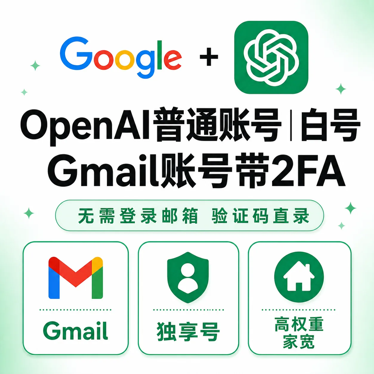 【Gmail带2FA稳定版✅】OpenAI普通账号|白号|free免费账号|高权重家宽|独享号| 商品图片
