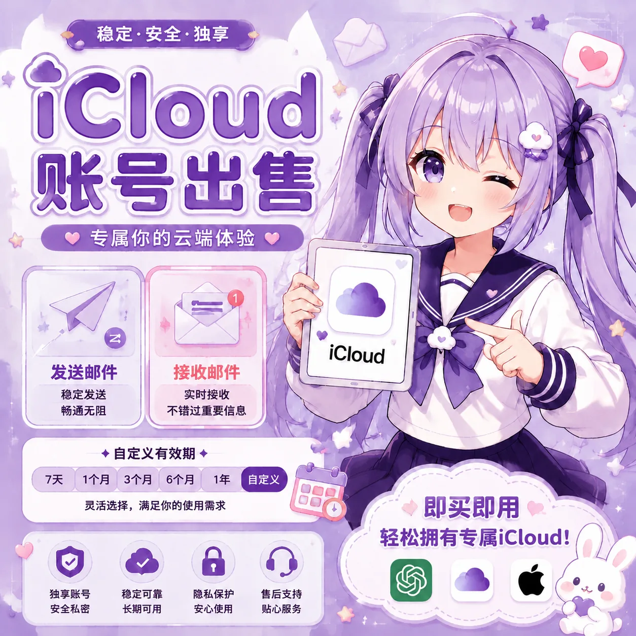 【长期稳定】 iCloud 邮箱子号|可无限收信| (质保7天) 非分裂邮箱 支持URL/网站 商品图片