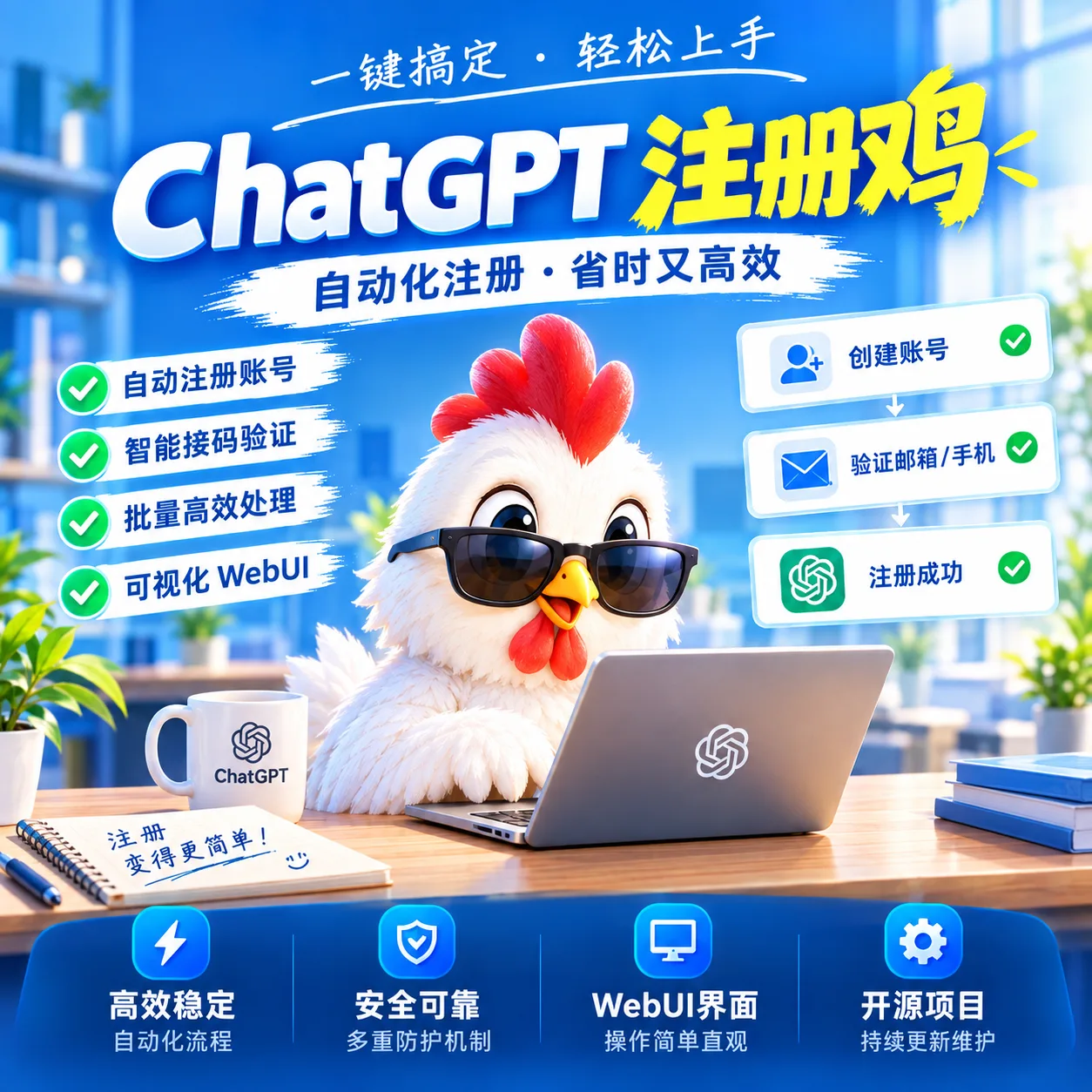 chatG注册鸡集成 WebUI、账号池管理、付费管理、邮箱 / 短信验证、实时日志与凭证管理。 商品图片