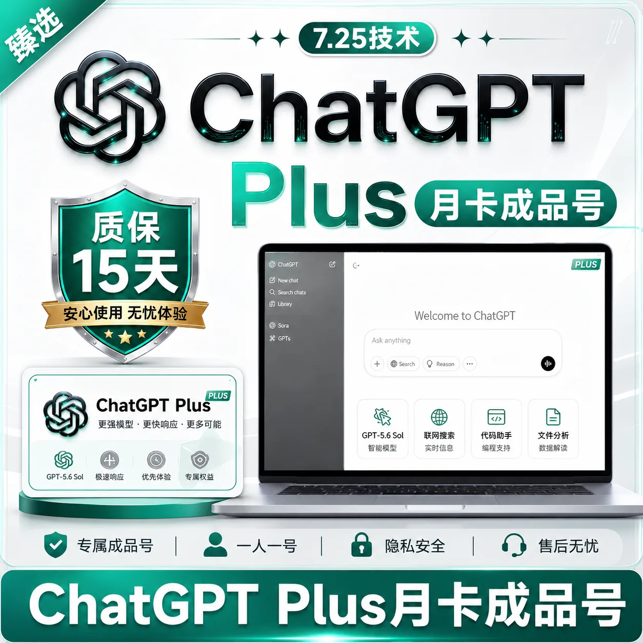 🔥热销【臻选系列】-质保15天-OpenAI成品号 plus成品号 plus月卡成品号 Codex月卡成品号 -全责质保 商品图片