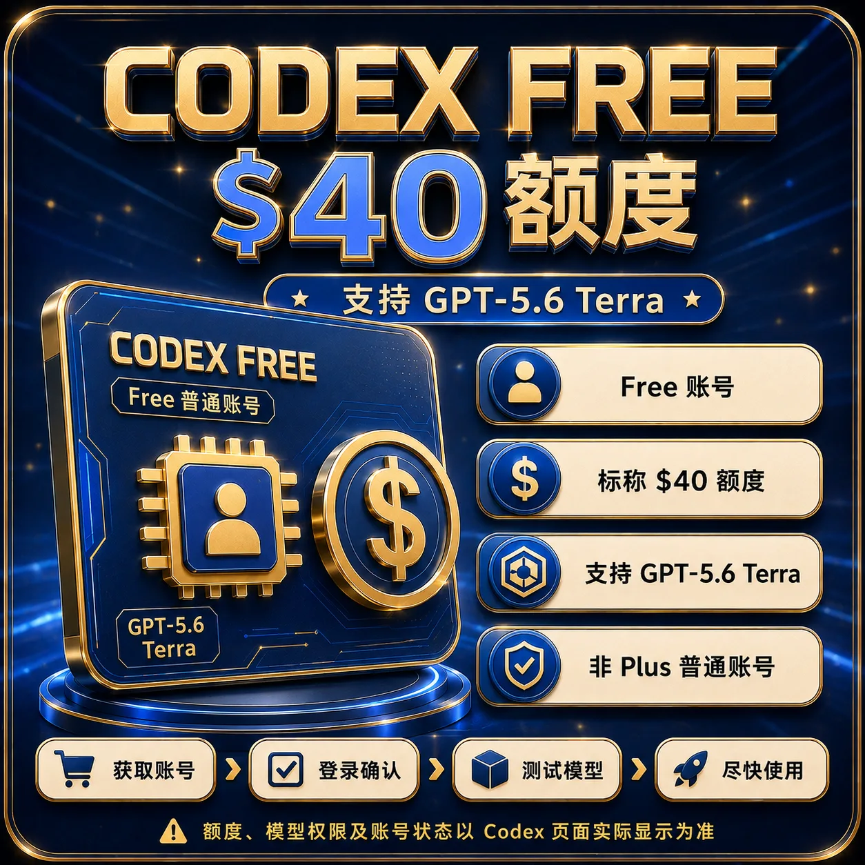 Codex Free 账号｜40$ 额度｜支持 CodeX-5.6 Terra 商品图片